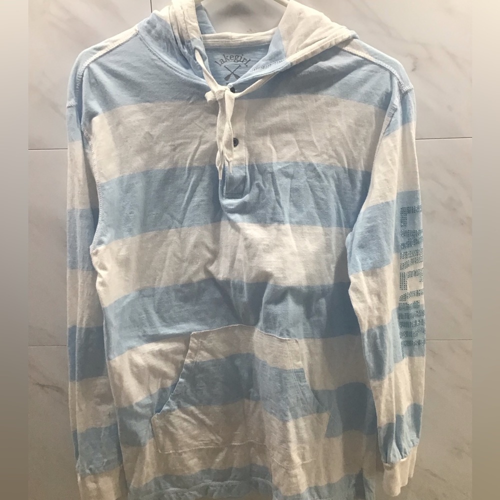 Lake Girl pull over hoodie jacket logo on sleeve white blue striped size medium